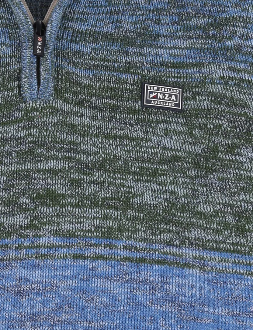 Half zip New Zealand trui gebreid blauw en groen gemeleerd