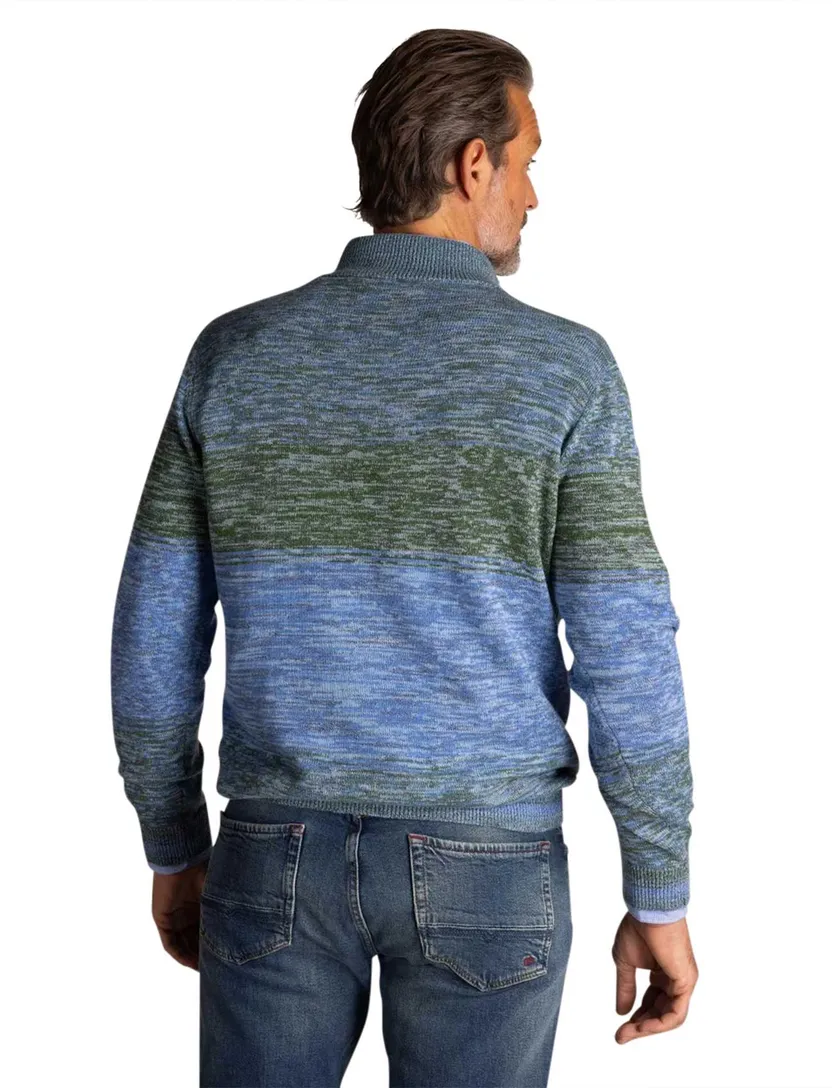 Half zip New Zealand trui gebreid blauw en groen gemeleerd