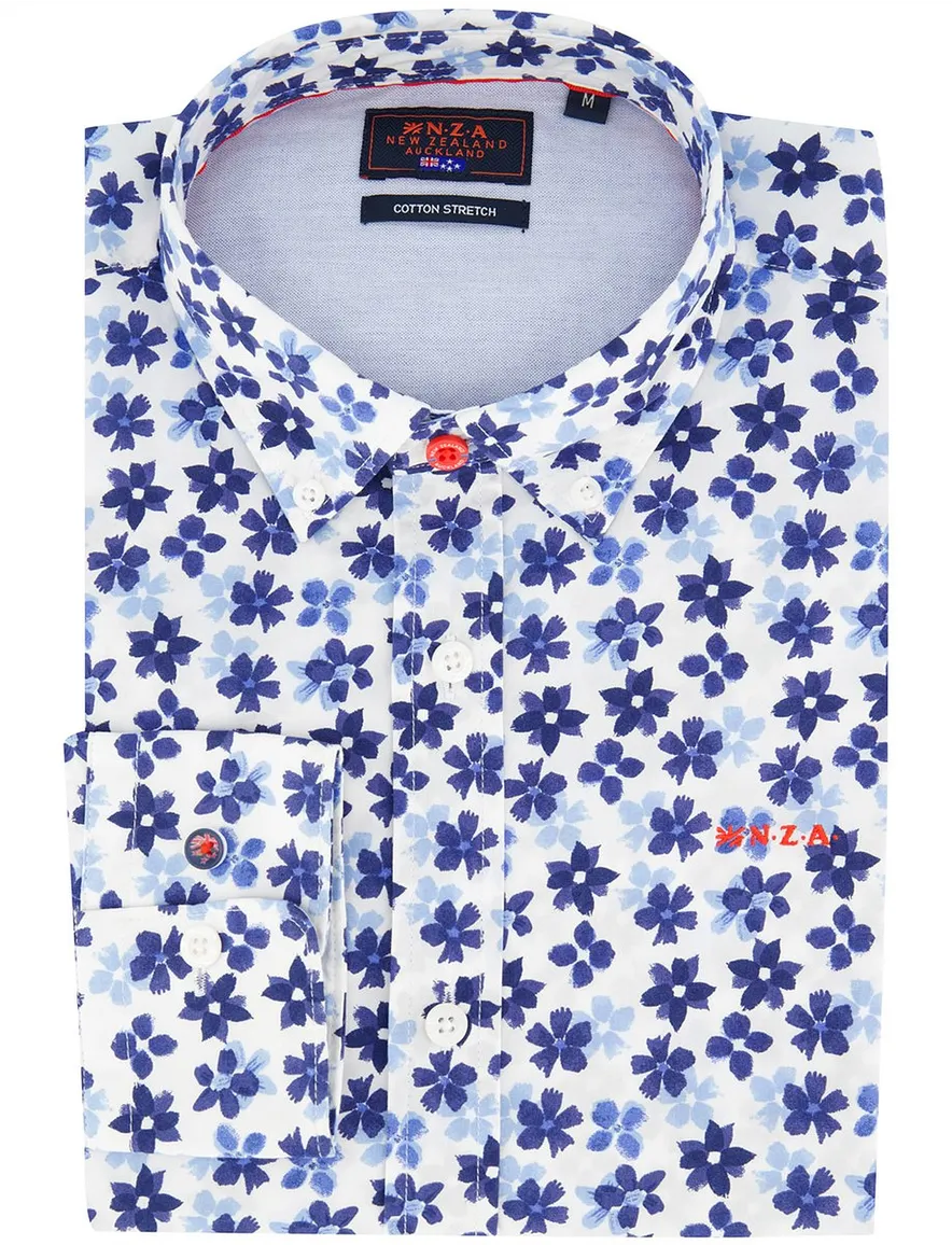 Blauw overhemd New Zealand geprint bloemen
