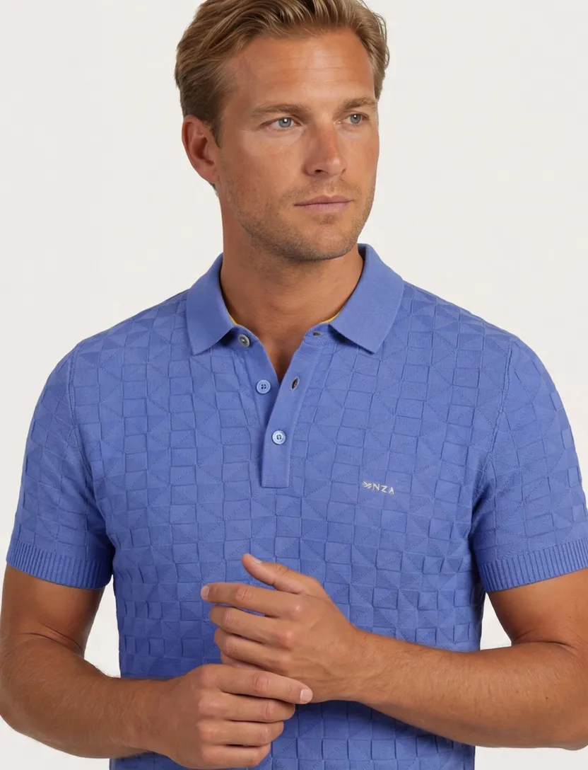 Blauwe gebreide polo Nza met structuur blauw 3 knoops