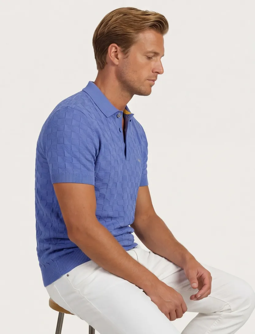 Blauwe gebreide polo Nza met structuur blauw 3 knoops