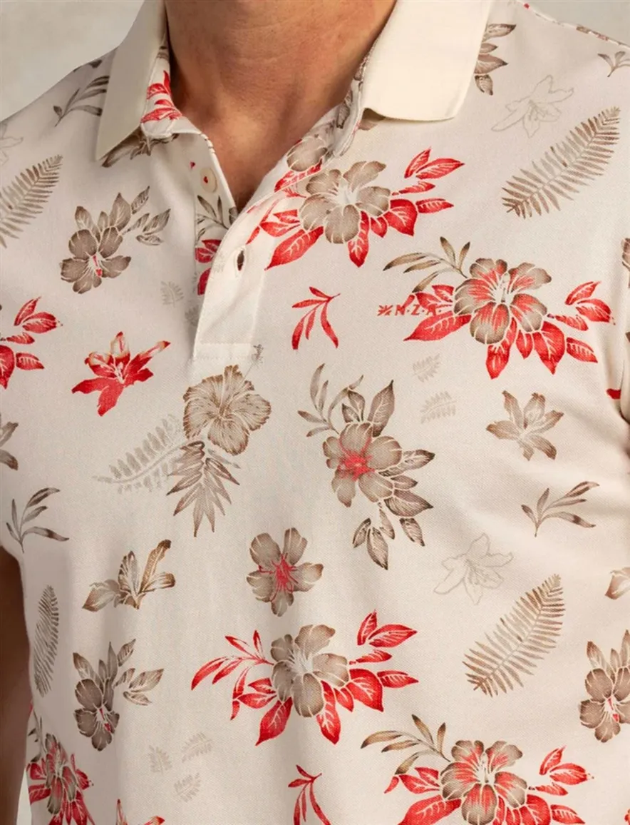 New Zealand poloshirt creme rode bloemen print