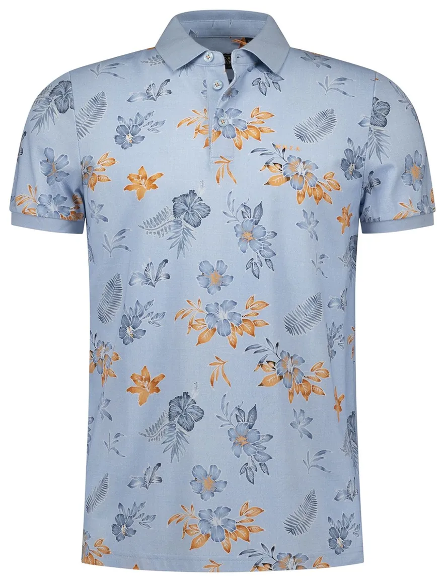 New Zealand poloshirt lichtblauw oranje bloemen print