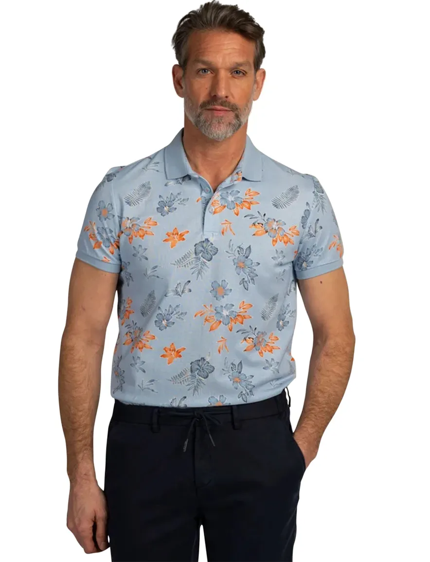 New Zealand poloshirt lichtblauw oranje bloemen print