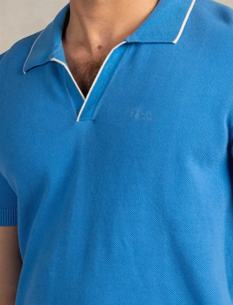 Blauw v-hals poloshirt New Zealand boord wit randje