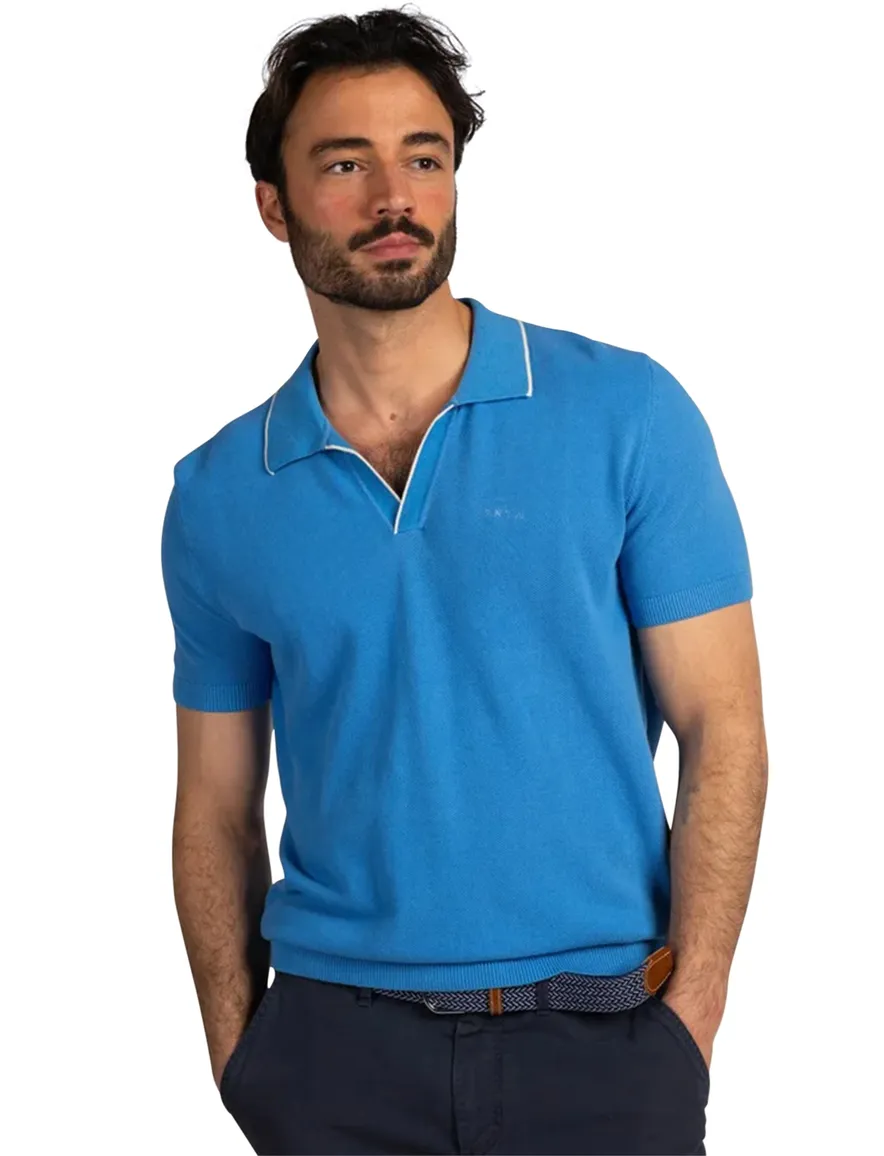 Blauw v-hals poloshirt New Zealand boord wit randje
