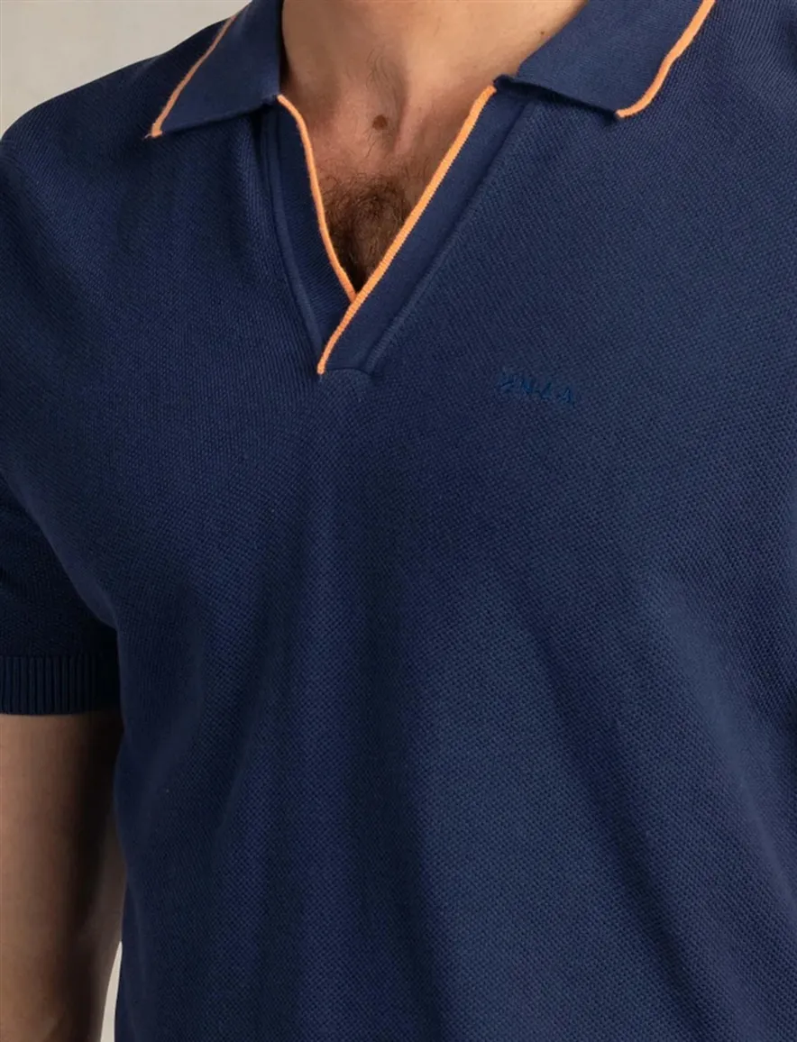 New Zealand v-hals poloshirt donkerblauw oranje rand boord