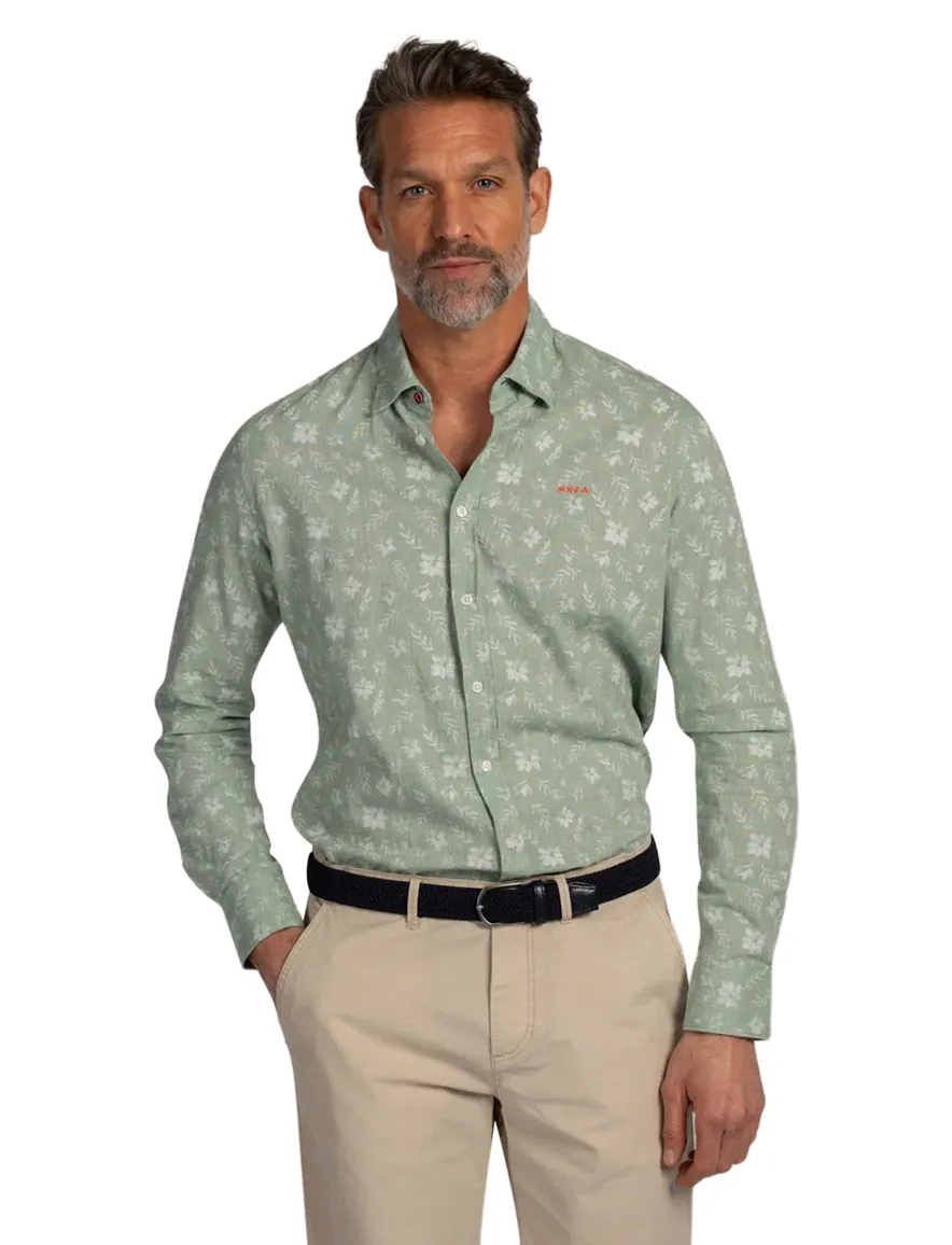 New Zealand casual overhemd groen geprint linnen