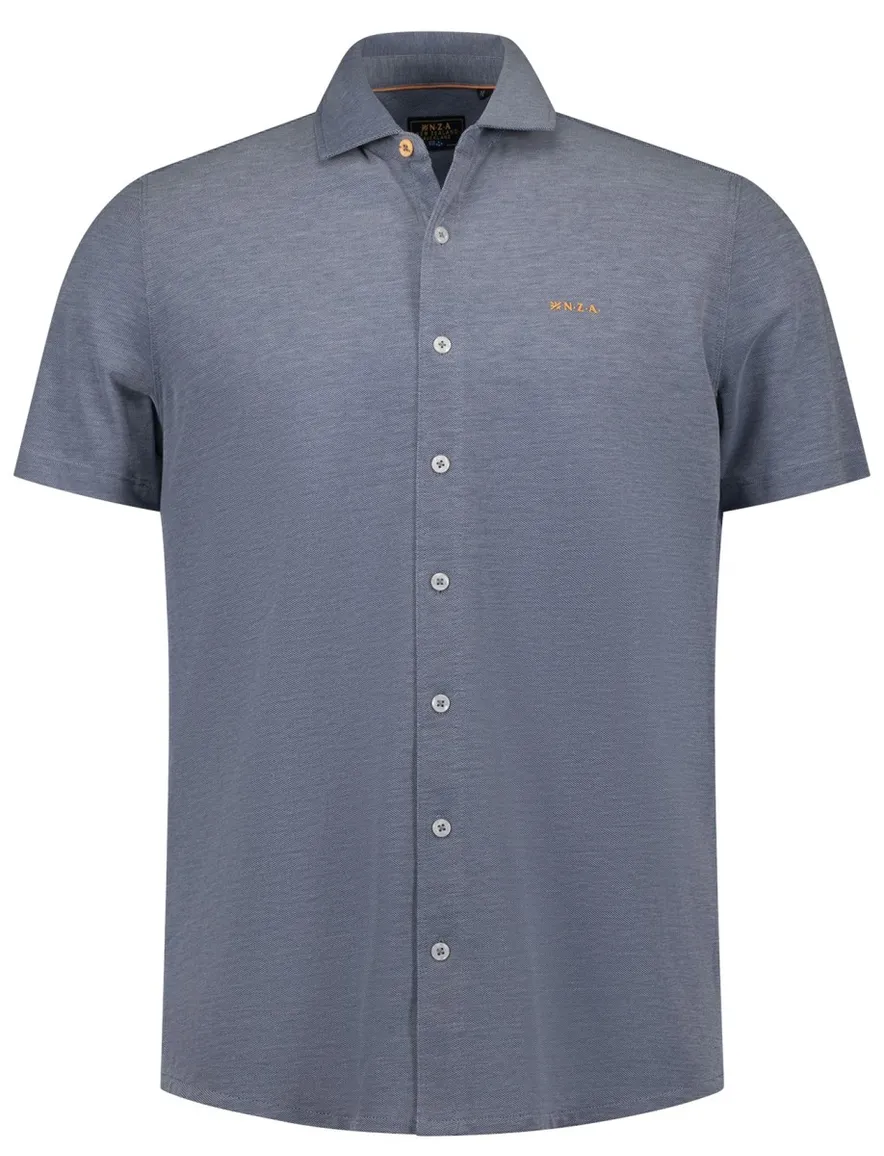 NZA overhemd blauw gemeleerd korte mouw pique