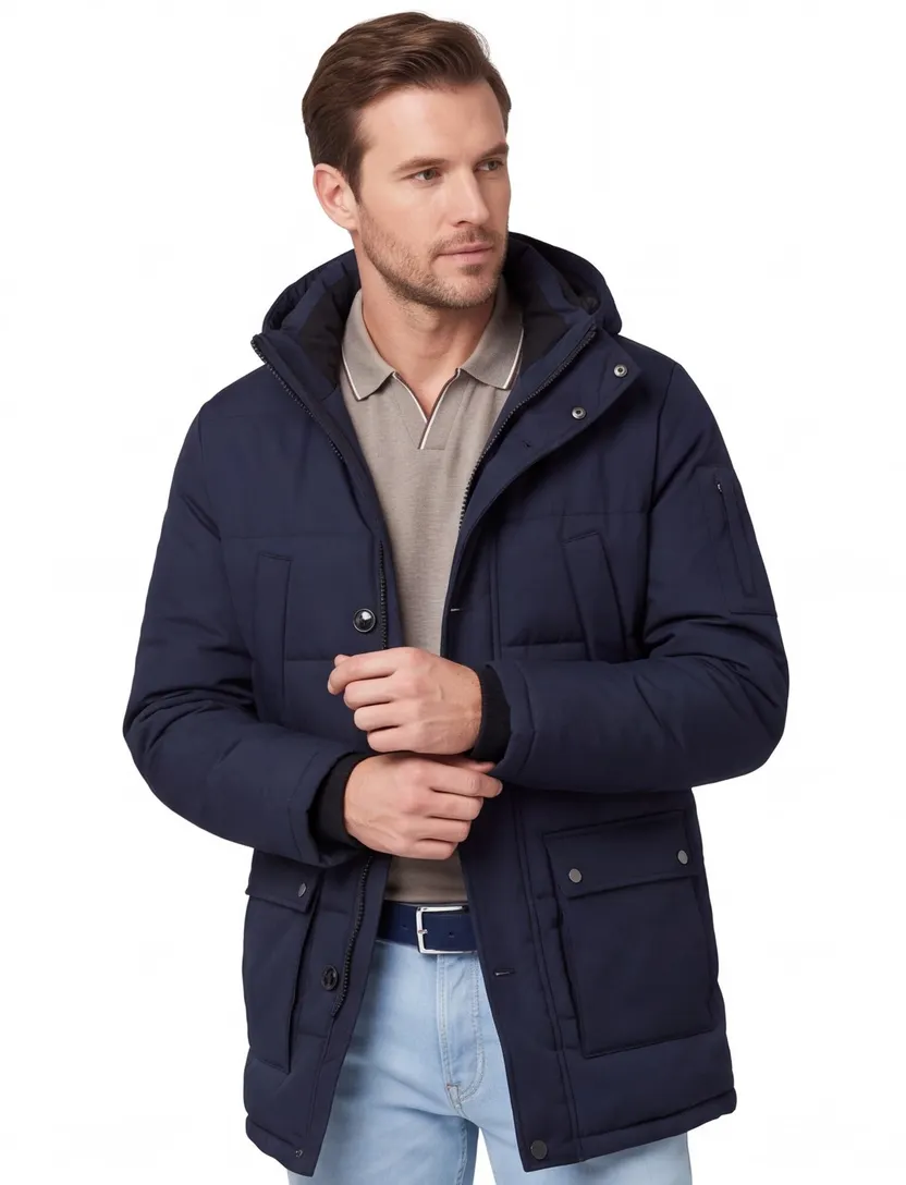 Winterjas Pierre Cardin donkerblauw normale fit met capuchon