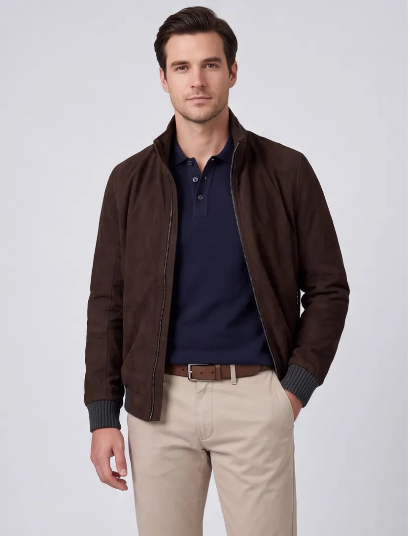 Bruine suede look tussenjas Pierre Cardin met boord gevoerd