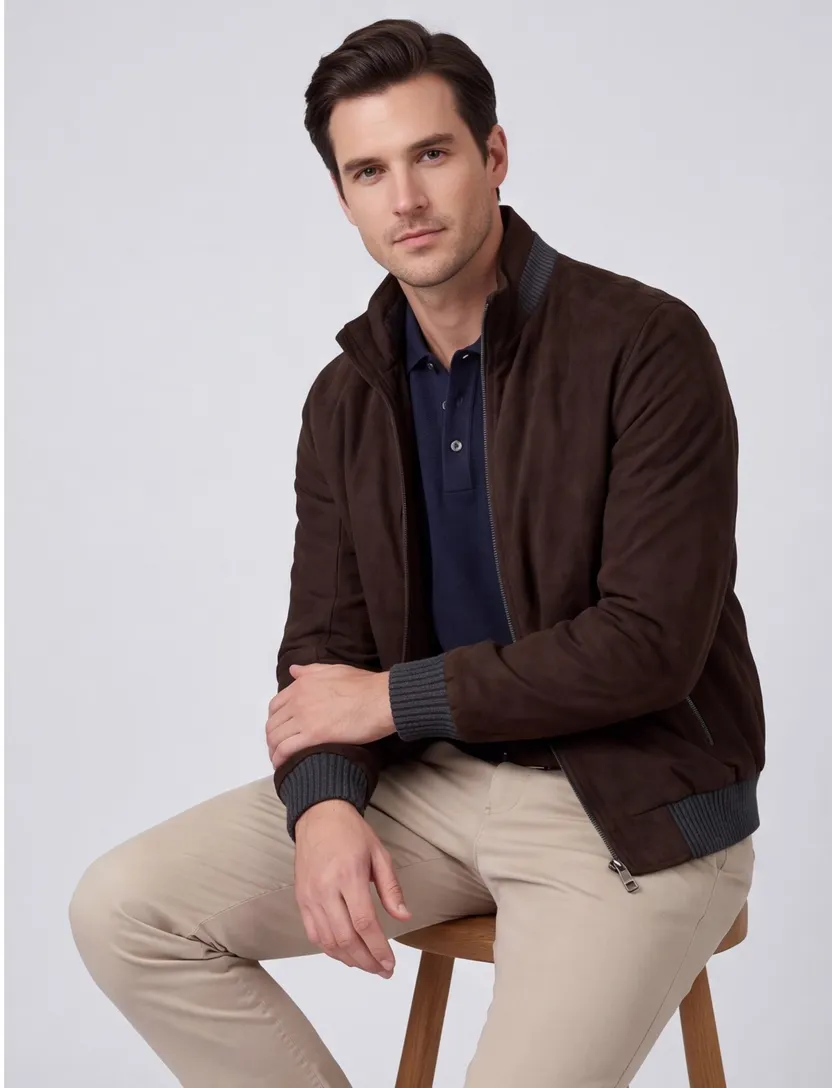 Bruine suede look tussenjas Pierre Cardin met boord gevoerd