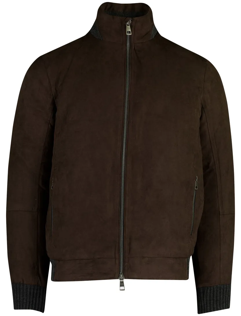 Bruine suede look tussenjas Pierre Cardin met boord gevoerd