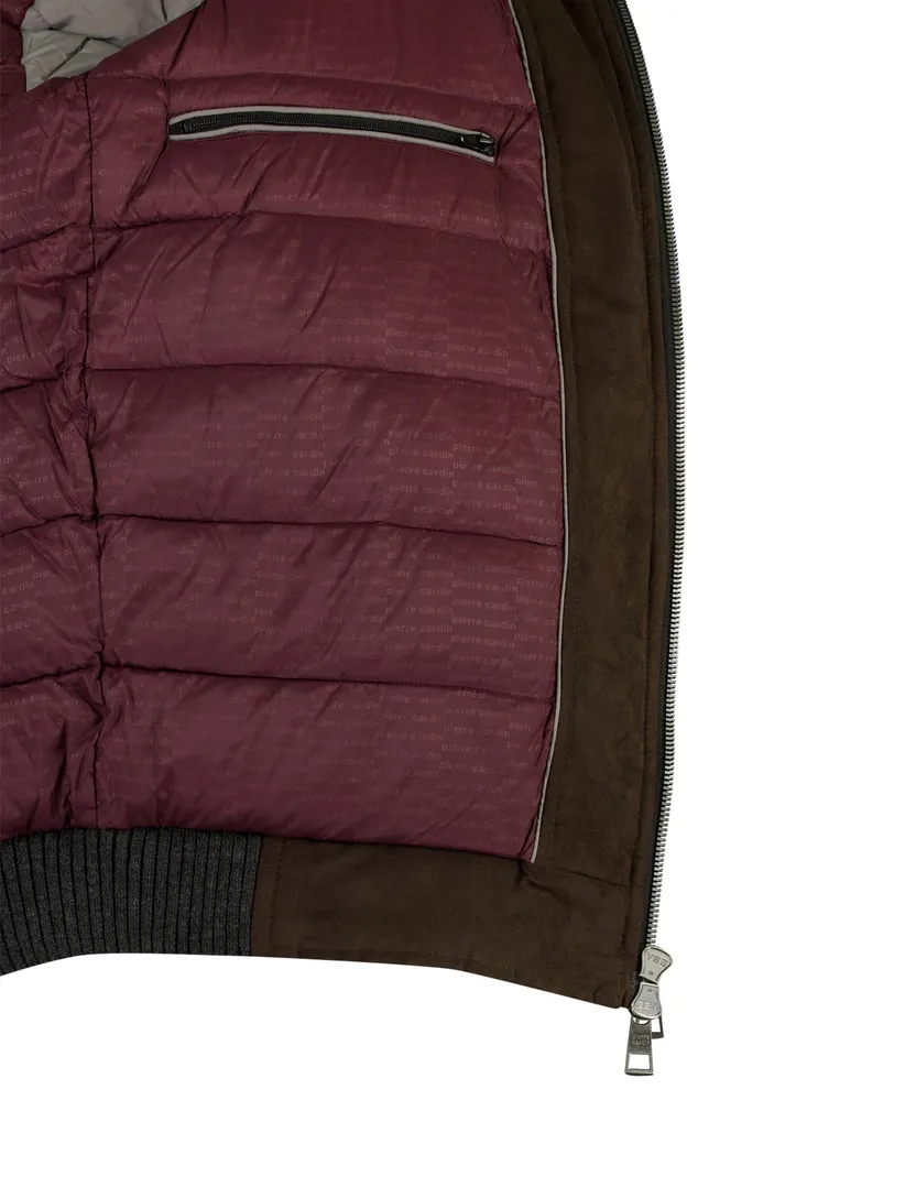 Bruine suede look tussenjas Pierre Cardin met boord gevoerd