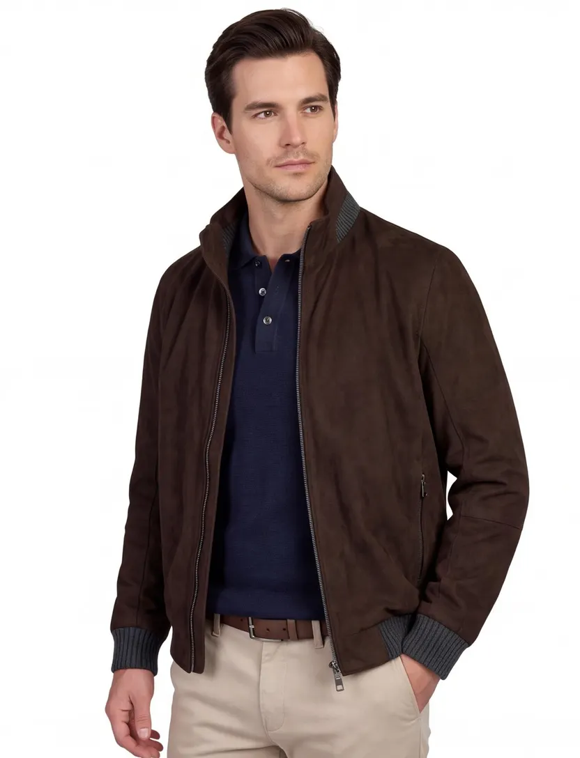 Bruine suede look tussenjas Pierre Cardin met boord gevoerd
