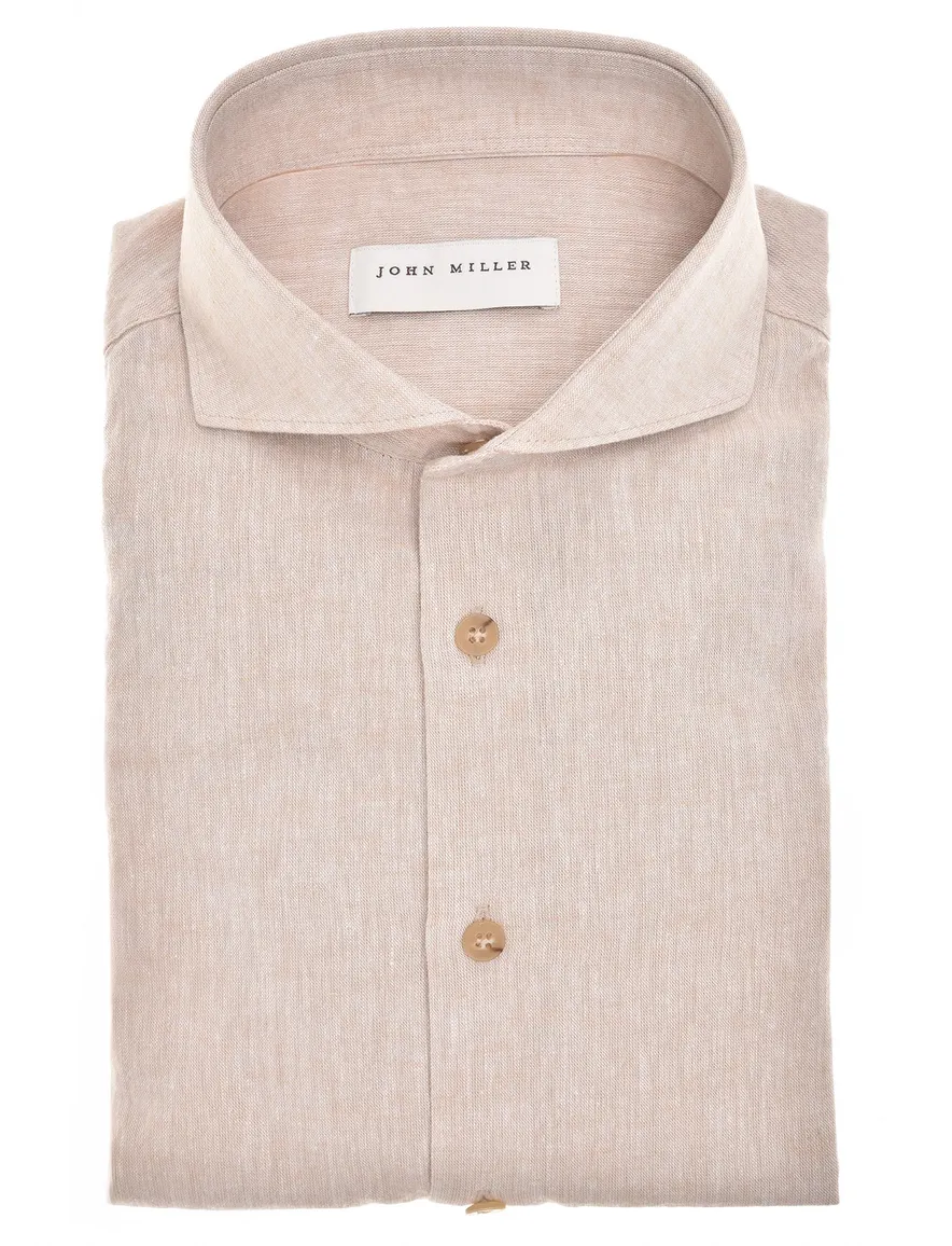 John Miller Overhemd beige linnen gemeleerd