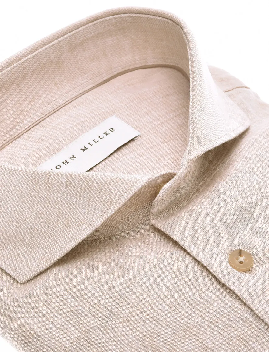 John Miller Overhemd beige linnen gemeleerd