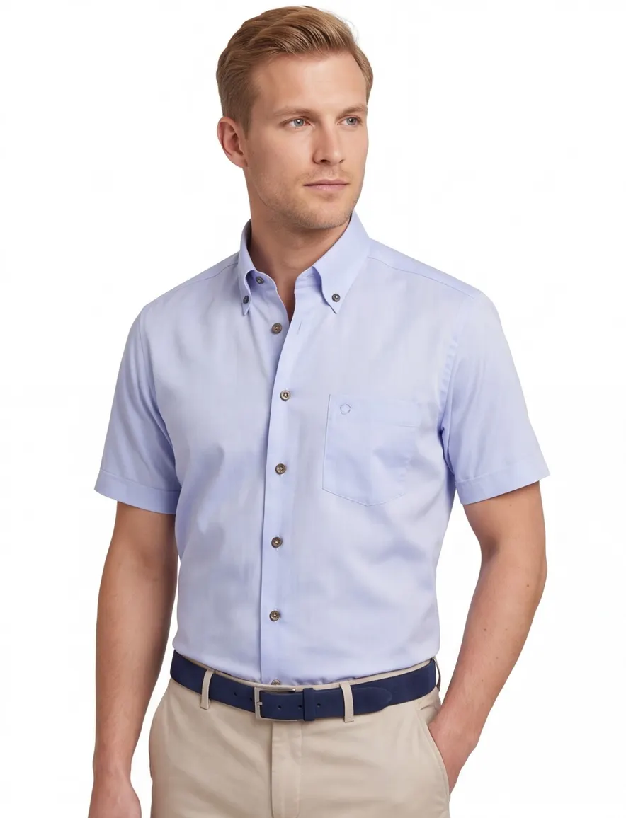Overhemd korte mouw lichtblauw Ledub Modern Fit bruine knopen