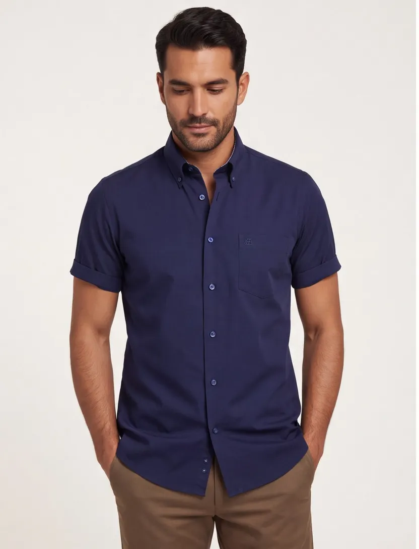 Korte mouw overhemd Ledub navy modern fit button-down collar