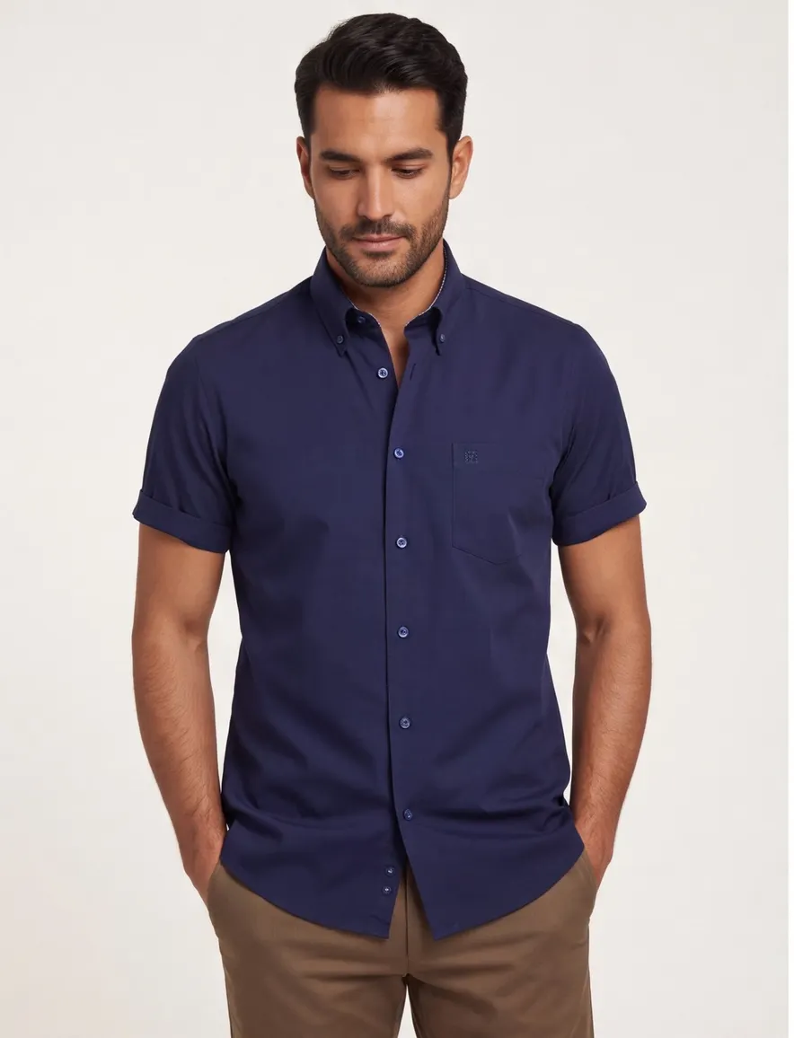 Ledub overhemd korte mouw navy borstzak Modern Fit