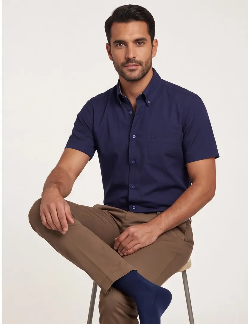 Korte mouw overhemd Ledub navy modern fit button-down collar