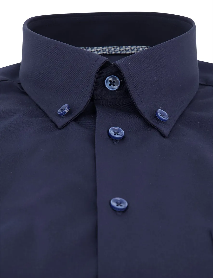 Ledub overhemd korte mouw navy borstzak Modern Fit