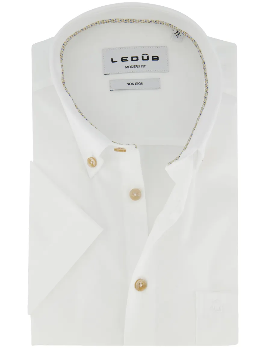 Ledub Overhemd wit beige knoop strijkvrij