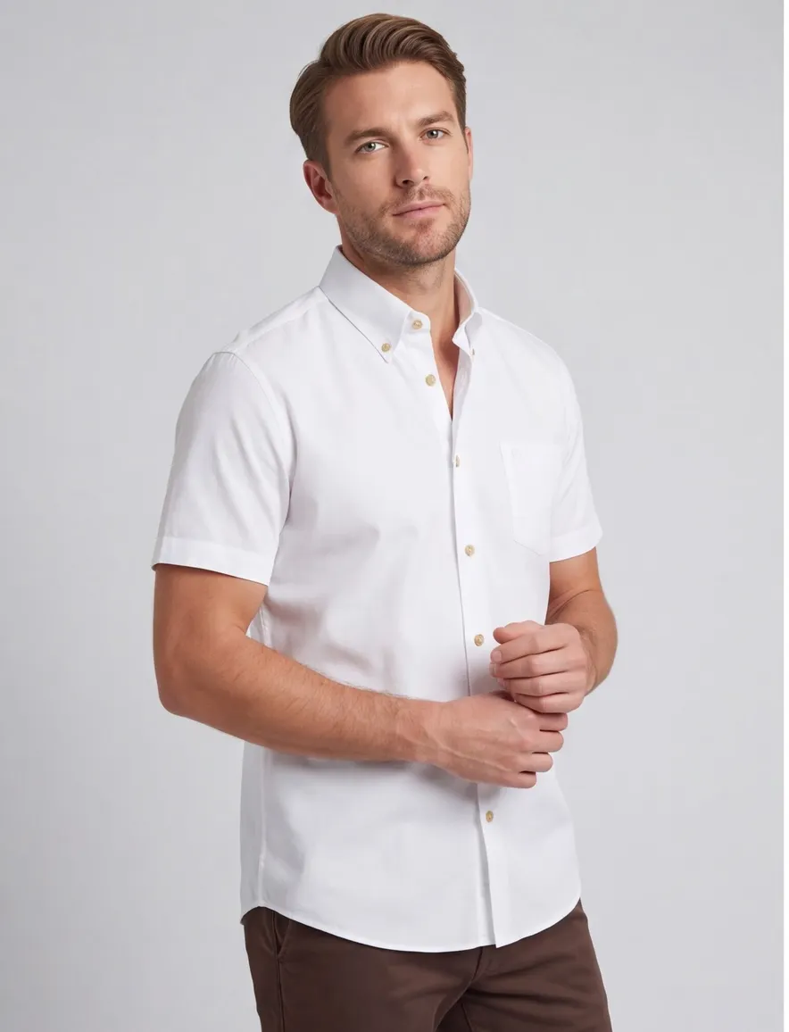 Overhemd Ledub Modern Fit korte mouw button-down boord wit