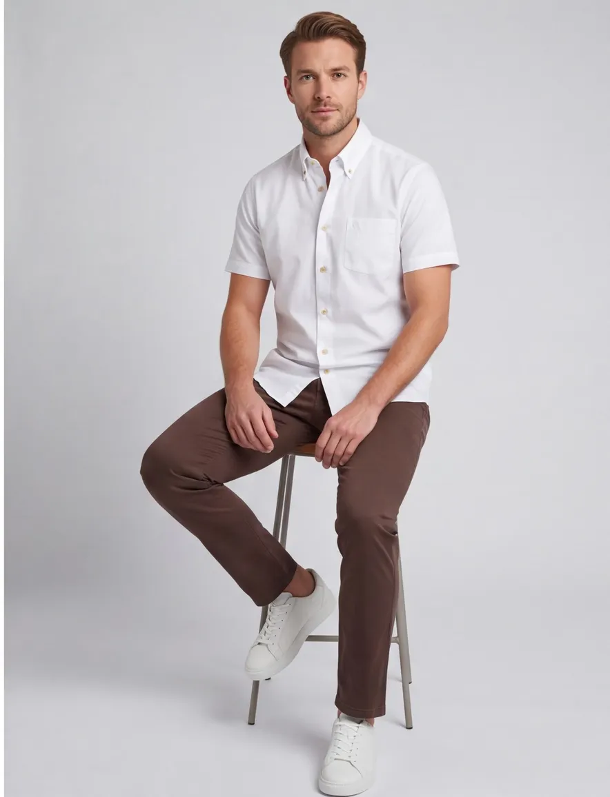 Overhemd Ledub Modern Fit korte mouw button-down boord wit