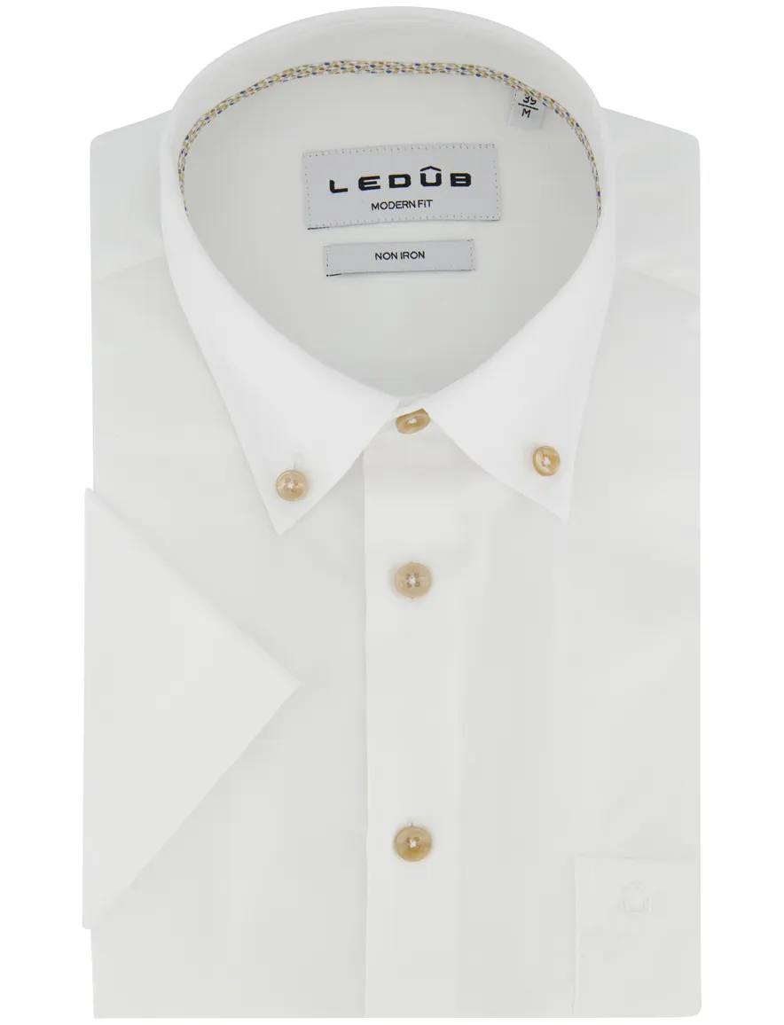 Ledub Overhemd wit beige knoop strijkvrij