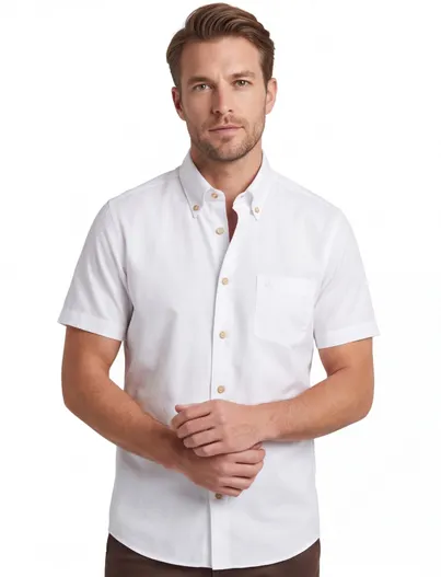 Ledub Witte korte mouw katoenen Ledub Modern Fit overhemd strijkvrij