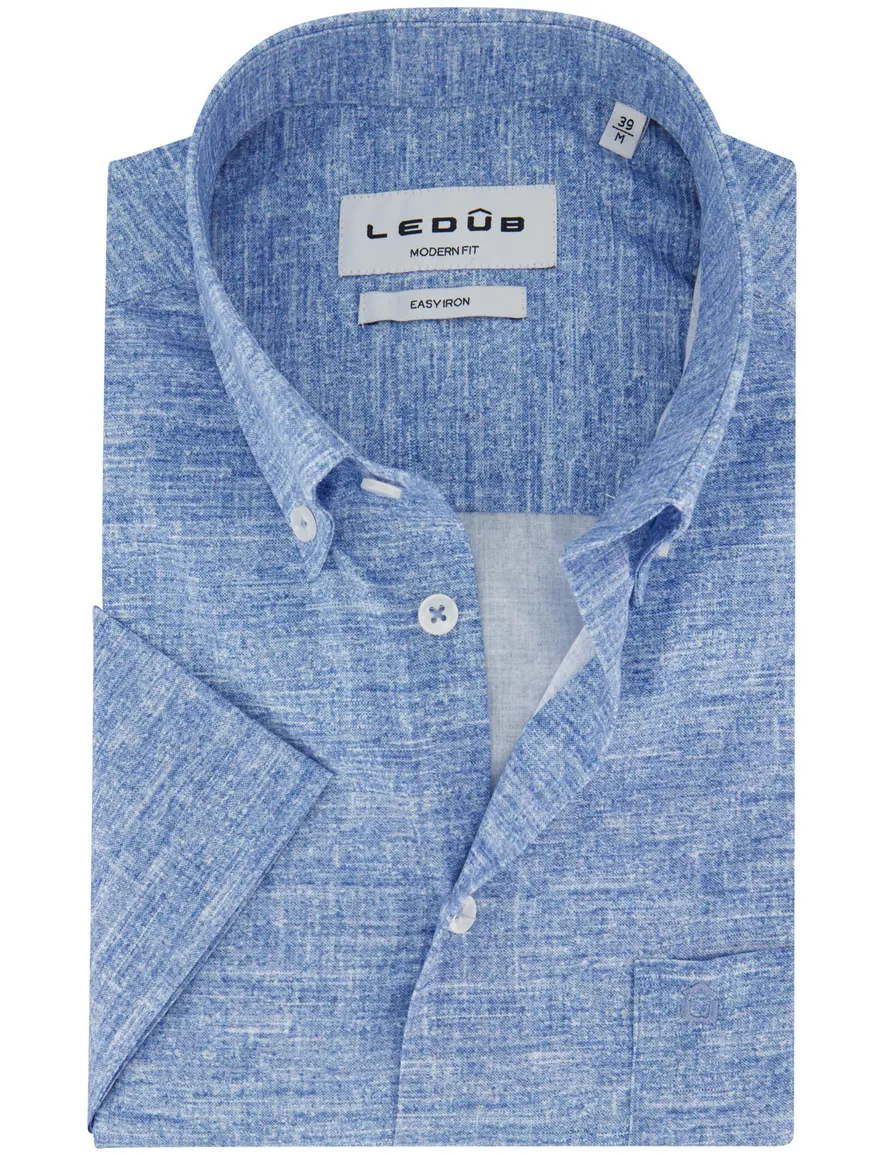 Ledub overhemd Modern Fit korte mouw blauw gemeleerd katoen