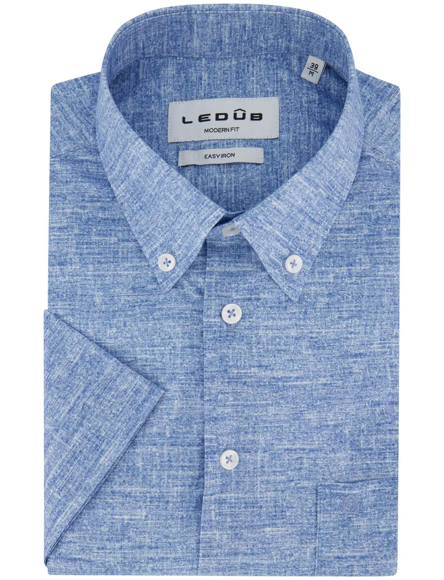Ledub overhemd Modern Fit korte mouw blauw gemeleerd katoen