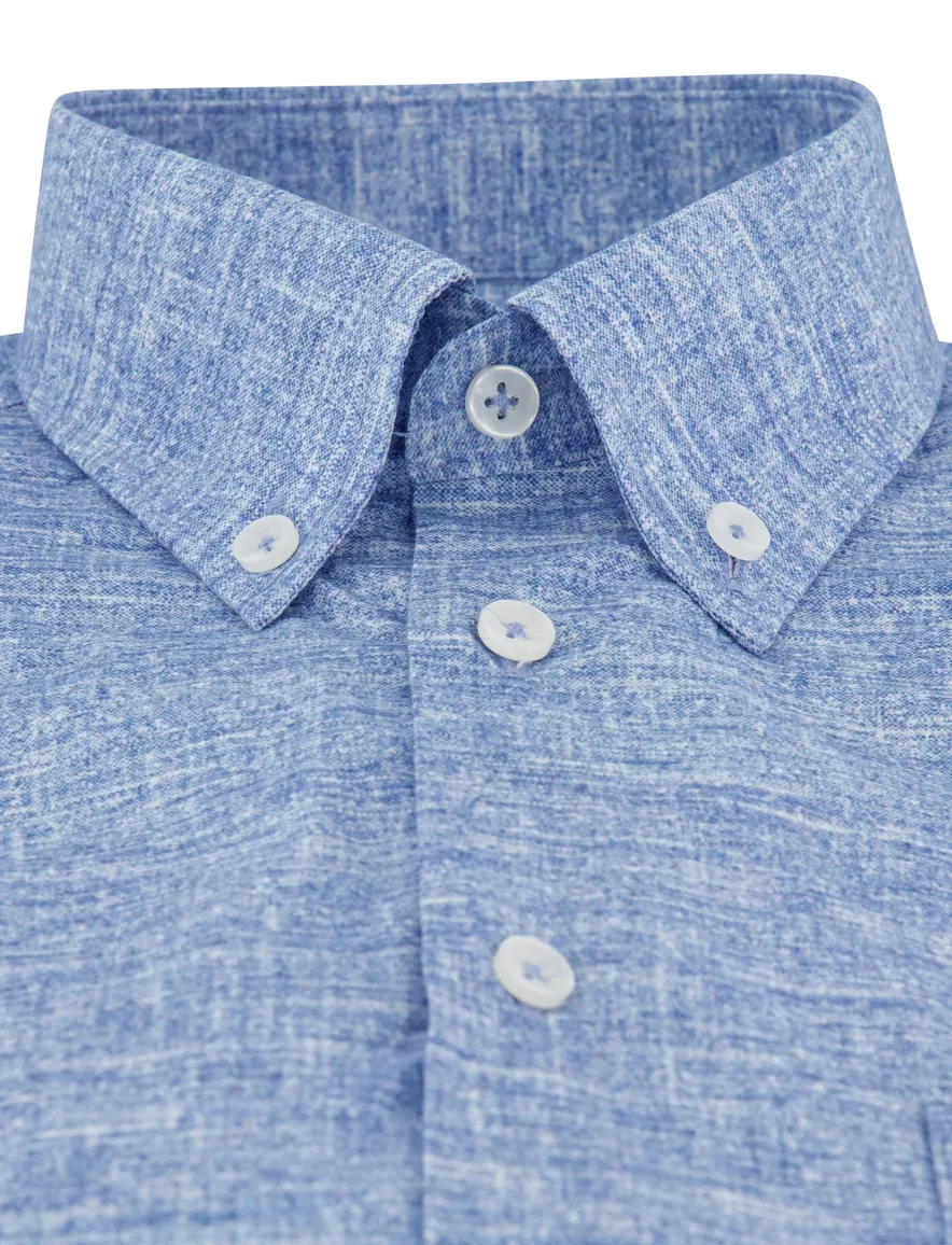 Ledub overhemd Modern Fit korte mouw blauw gemeleerd katoen