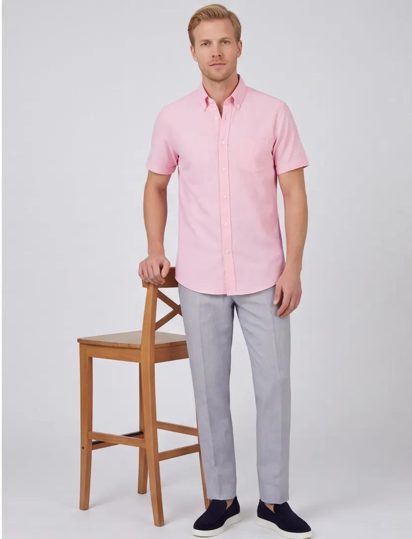 Modern Fit Ledub overhemd korte mouw roze