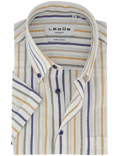 Ledub Overhemd gestreept beige Ledub modern fit korte mouw pure cotton