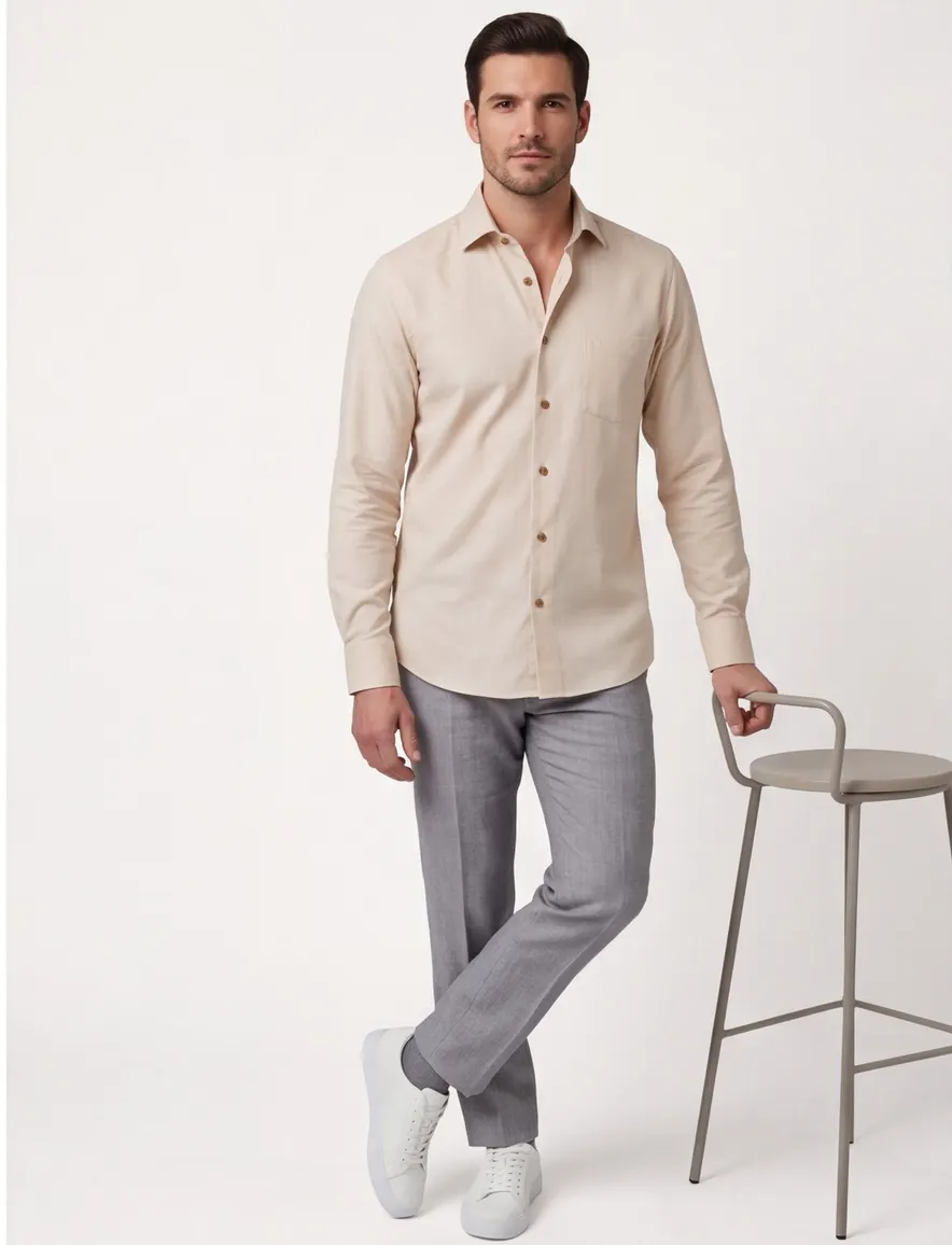 beige overhemd Ledub normale fit mouwlengte 7 borstzak