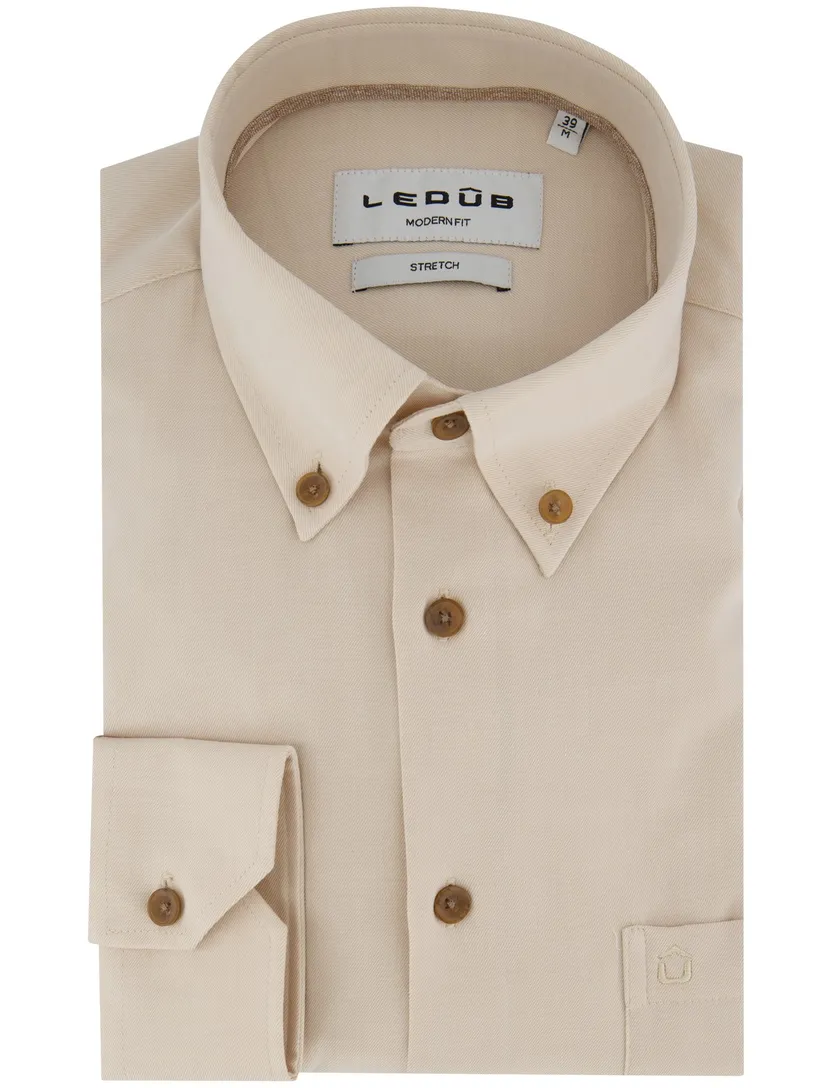 overhemd Ledub normale fit beige borstzak button down mouwlengte 7