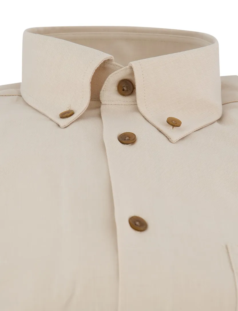 overhemd Ledub normale fit beige borstzak button down mouwlengte 7