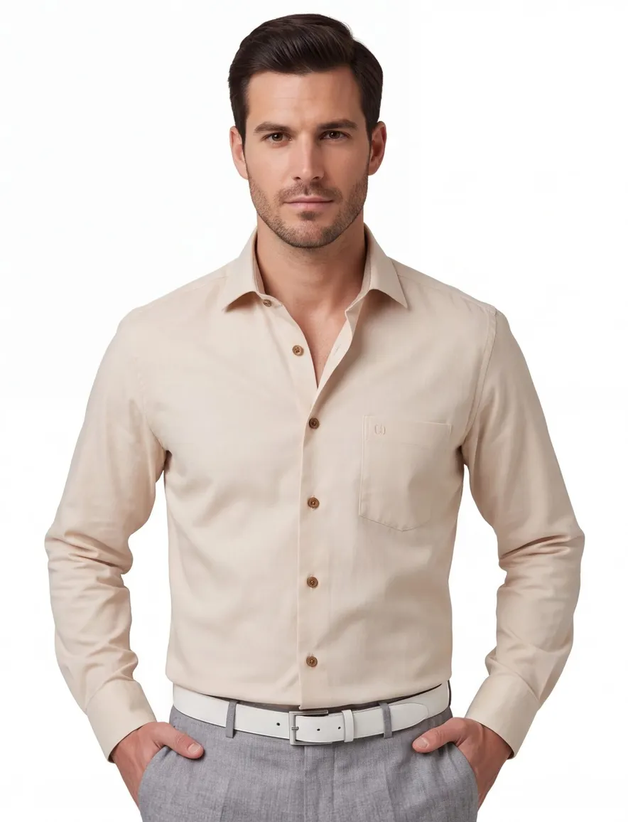 beige overhemd Ledub normale fit mouwlengte 7 borstzak