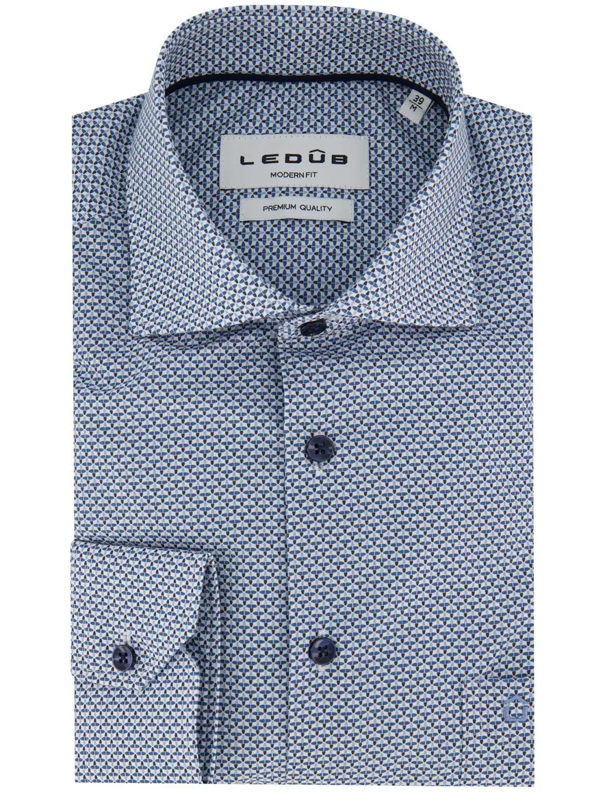 Ledub modern fit overhemd blauw stippen print mouwlengte 7
