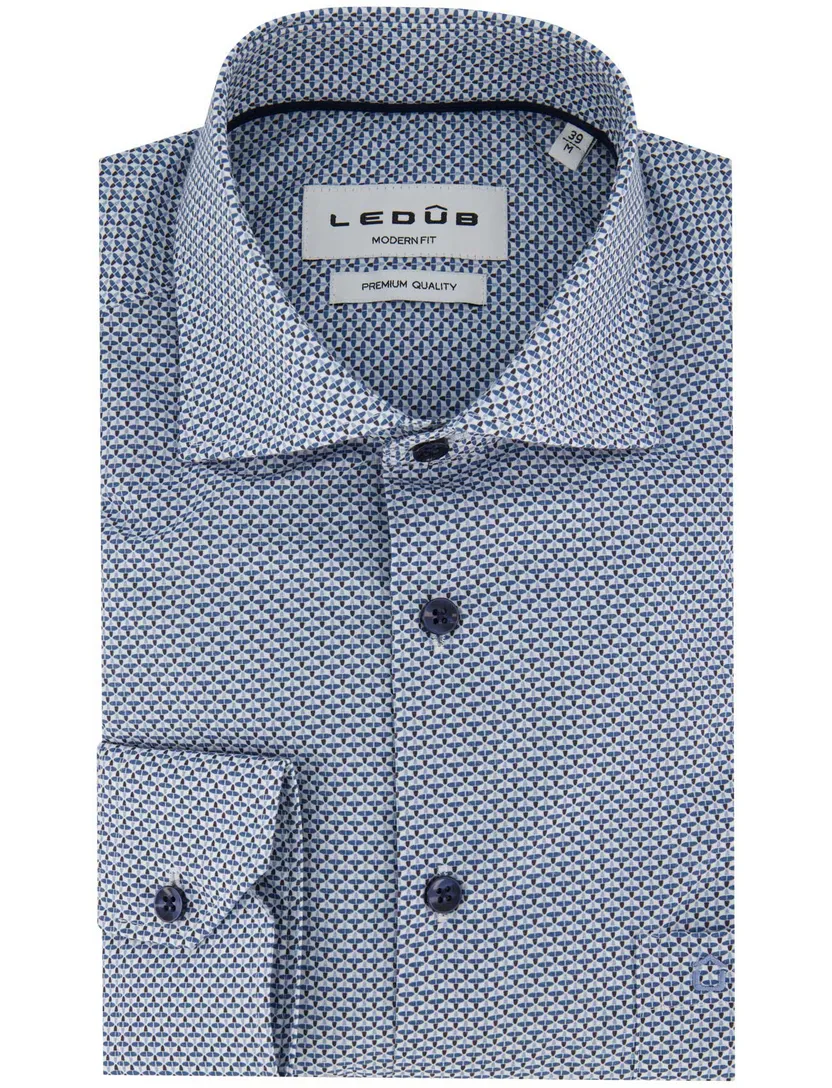 overhemd Ledub blauw geprint normale fit mouwlengte 7 borstzak
