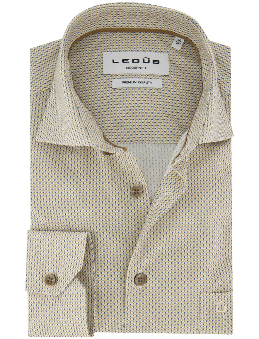 beige overhemd geprint Ledub mouwlengte 7 normale fit