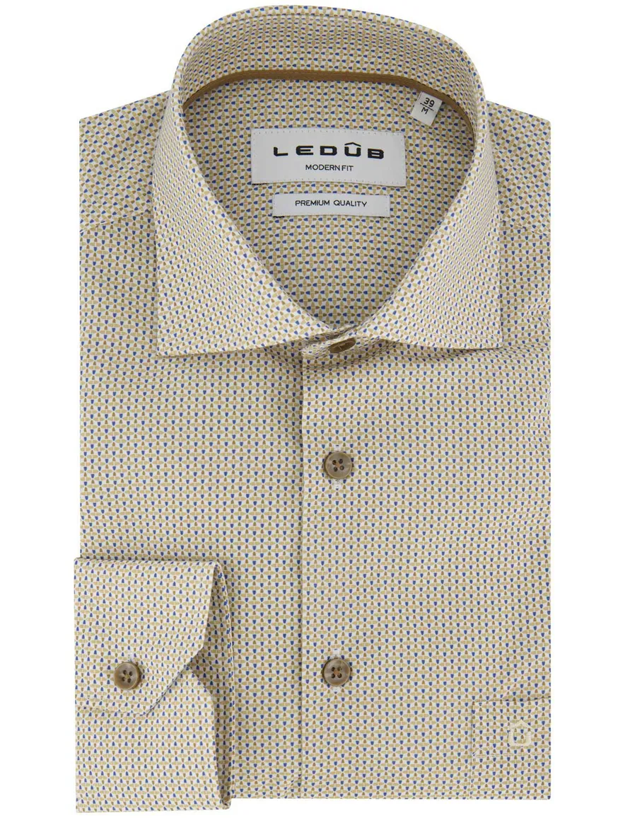 beige overhemd geprint Ledub mouwlengte 7 normale fit