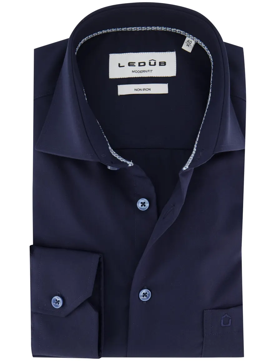 Ledub Modern Overhemd d.blauw strijkvrij mouwlengte 7