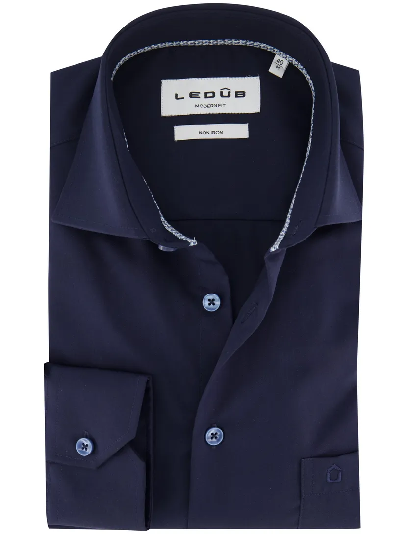 Overhemd donkerblauw ledub modern fit mouwlengte 7 strijkvrij