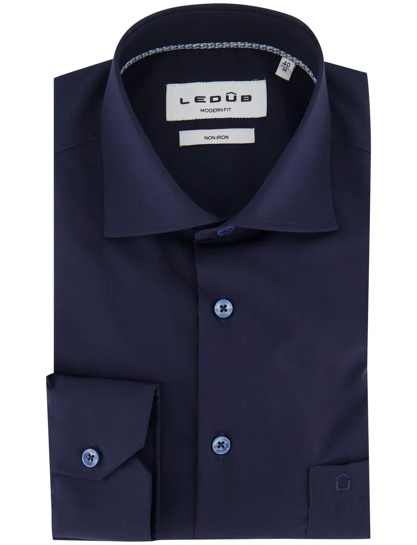 Overhemd donkerblauw ledub modern fit mouwlengte 7 strijkvrij