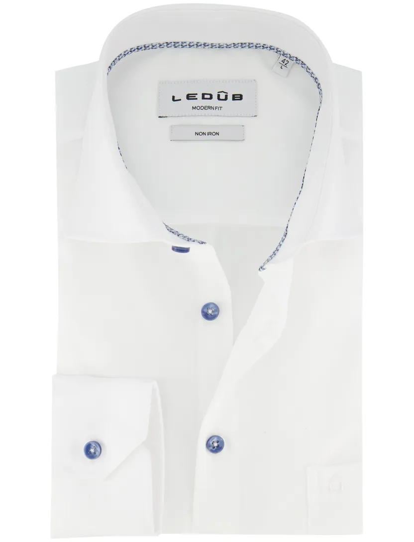 Overhemd blauw knoopjes wit ledub modern fit strijkvrij