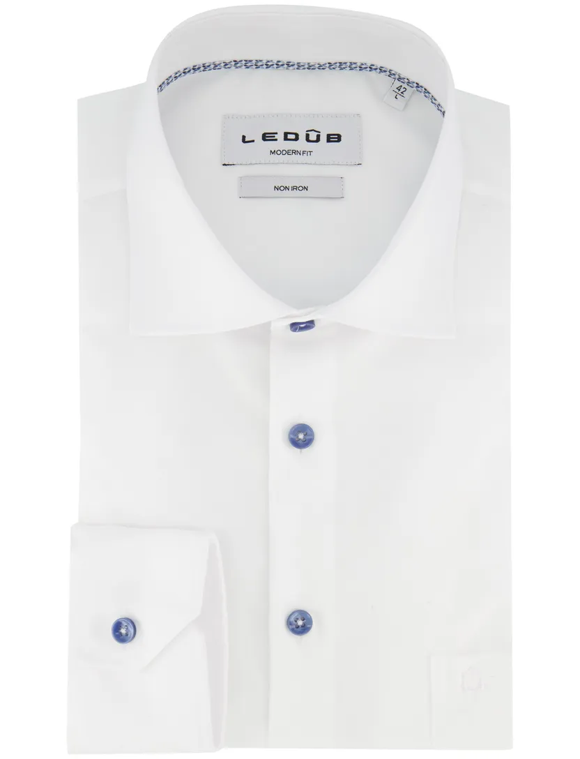 Overhemd blauw knoopjes wit ledub modern fit strijkvrij