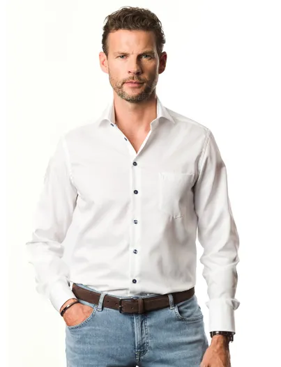 Ledub Ledub modern fit overhemd wit met borstzak blauwe knopen